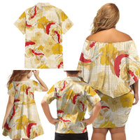 Beige Palaka Hawaii Aloha Family Matching Off Shoulder Short Dress and Hawaiian Shirt Koi Pond Mix Ilima Flowers LT7 - Polynesian Pride