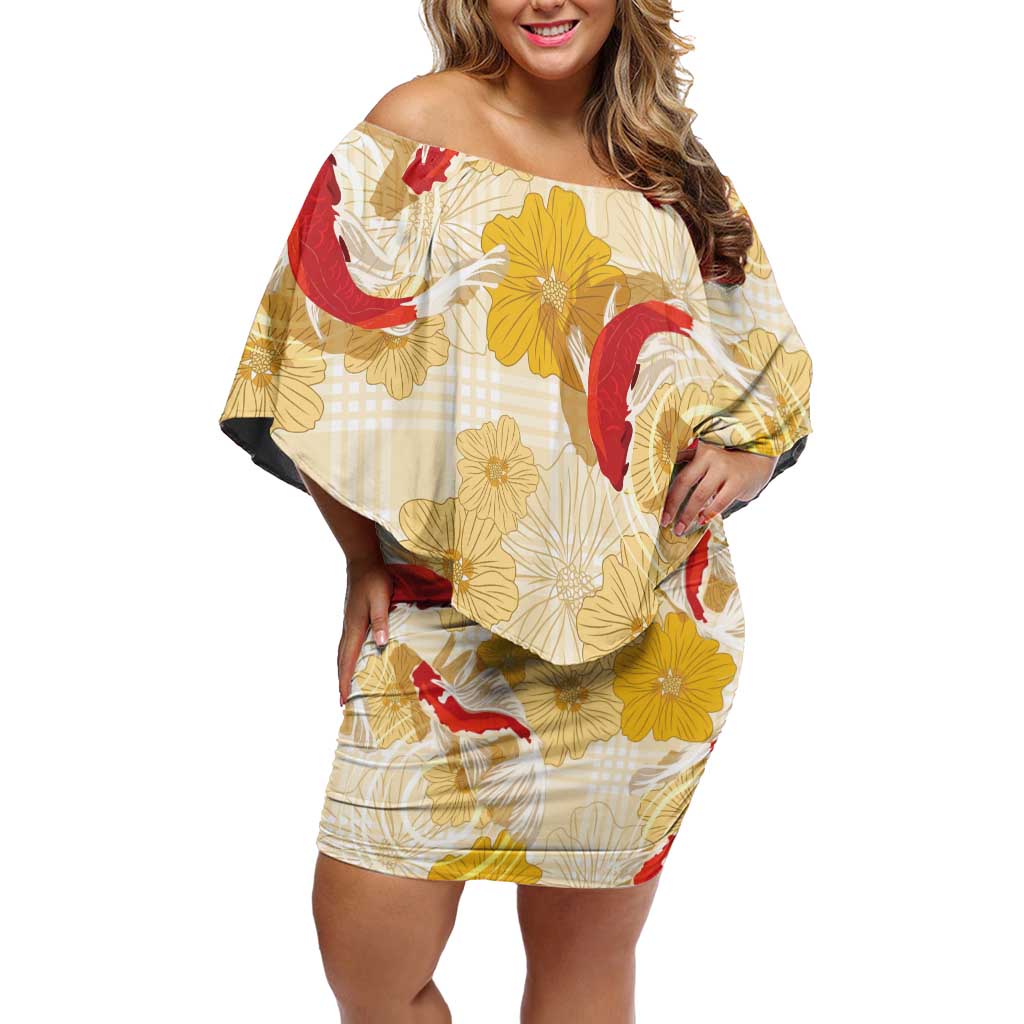 Beige Palaka Hawaii Aloha Family Matching Off Shoulder Short Dress and Hawaiian Shirt Koi Pond Mix Ilima Flowers LT7 Cream Yellow - Polynesian Pride