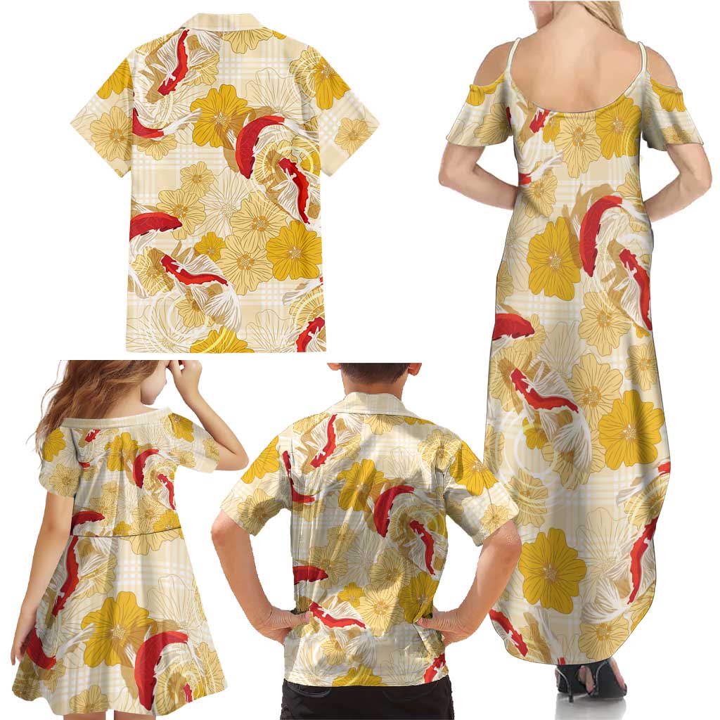 Beige Palaka Hawaii Aloha Family Matching Summer Maxi Dress and Hawaiian Shirt Koi Pond Mix Ilima Flowers LT7 - Polynesian Pride