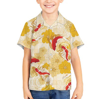 Beige Palaka Hawaii Aloha Family Matching Tank Maxi Dress and Hawaiian Shirt Koi Pond Mix Ilima Flowers LT7 - Polynesian Pride