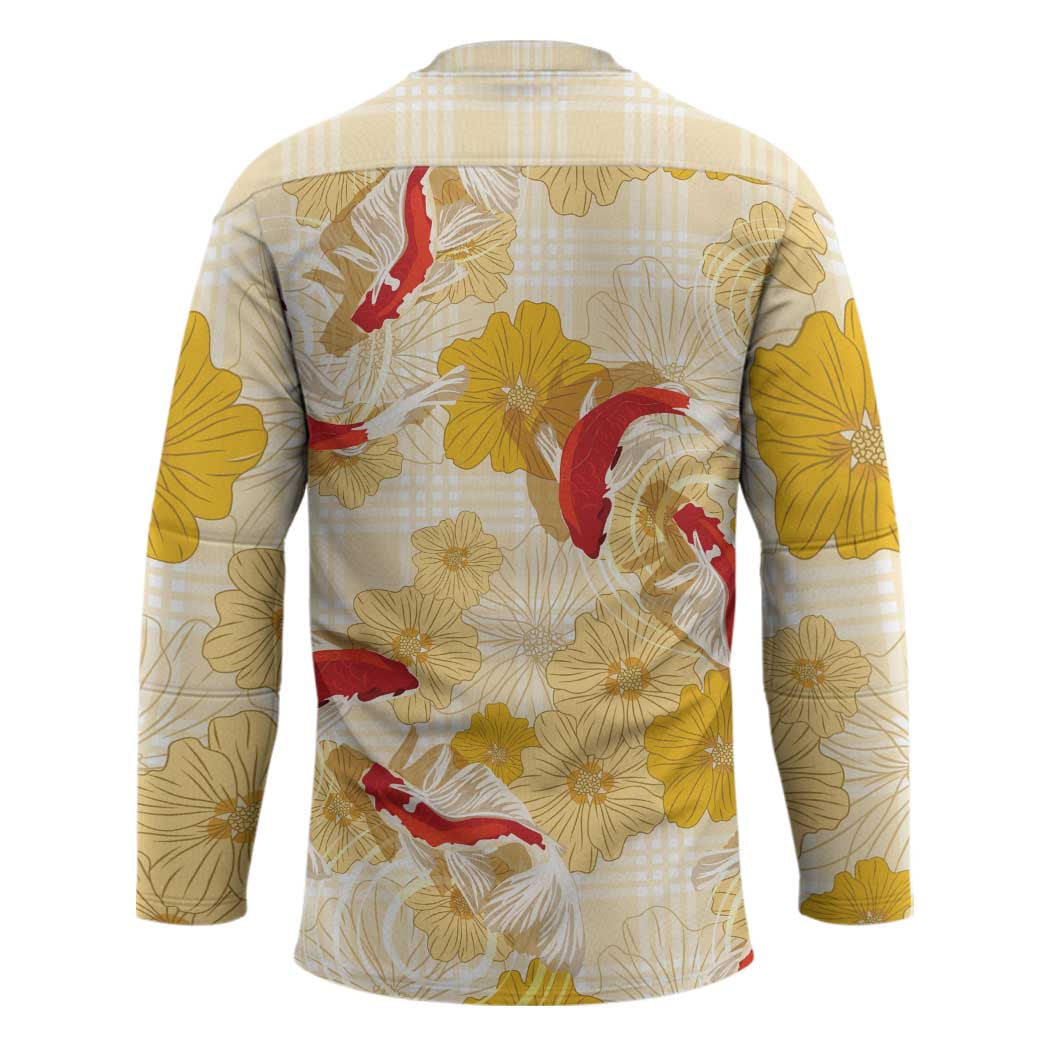 Beige Palaka Hawaii Aloha Hockey Jersey Koi Pond Mix Ilima Flowers - Polynesian Pride
