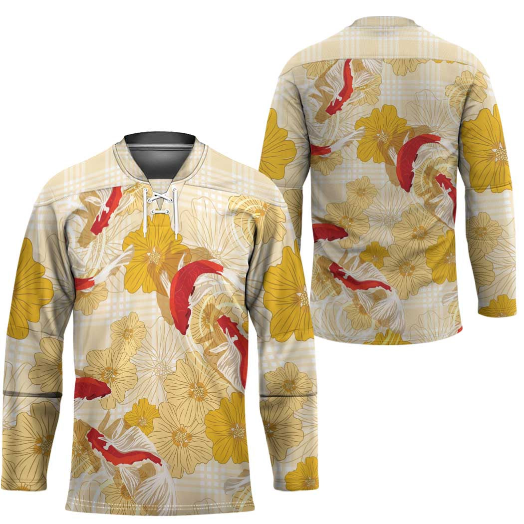 Beige Palaka Hawaii Aloha Hockey Jersey Koi Pond Mix Ilima Flowers - Polynesian Pride