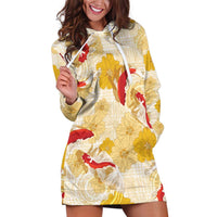 Beige Palaka Hawaii Aloha Hoodie Dress Koi Pond Mix Ilima Flowers LT7 Cream Yellow - Polynesian Pride