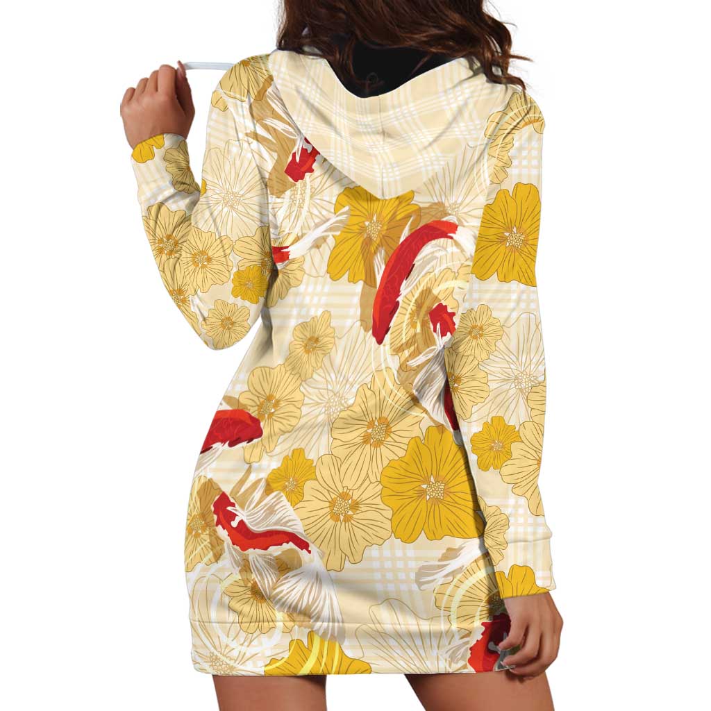 Beige Palaka Hawaii Aloha Hoodie Dress Koi Pond Mix Ilima Flowers LT7 - Polynesian Pride