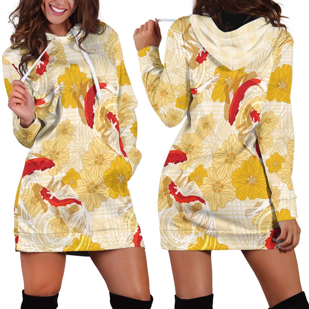 Beige Palaka Hawaii Aloha Hoodie Dress Koi Pond Mix Ilima Flowers LT7 - Polynesian Pride