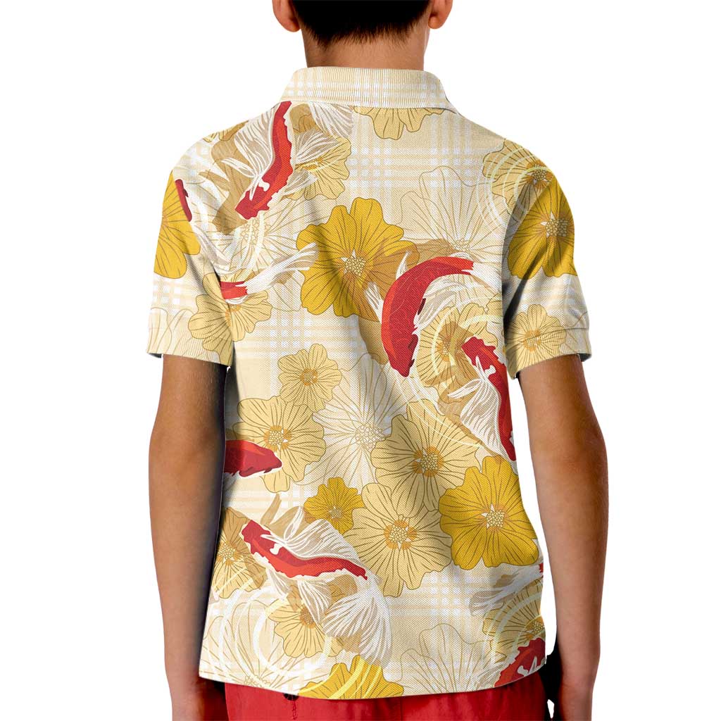 Beige Palaka Hawaii Aloha Kid Polo Shirt Koi Pond Mix Ilima Flowers - Polynesian Pride
