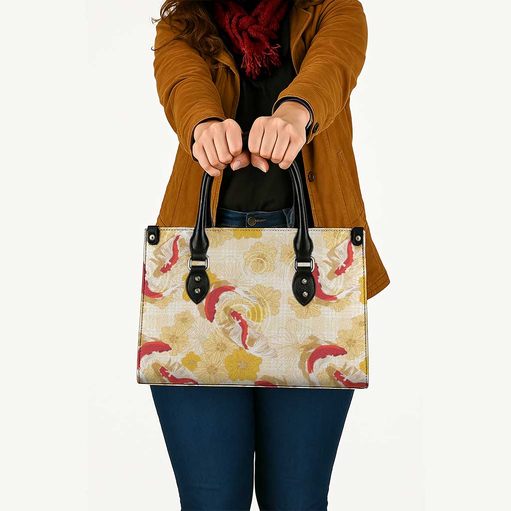 Beige Palaka Hawaii Aloha Leather Bag Koi Pond Mix Ilima Flowers - Polynesian Pride