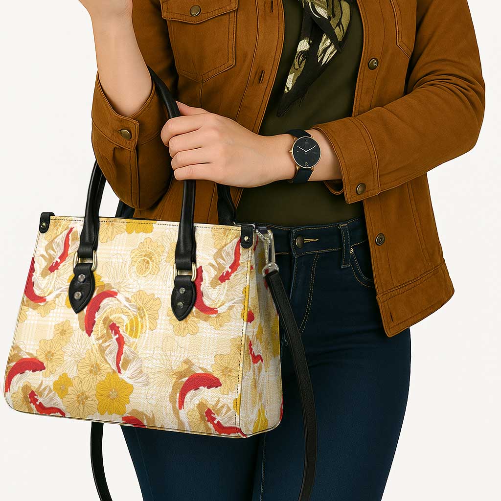 Beige Palaka Hawaii Aloha Leather Bag Koi Pond Mix Ilima Flowers - Polynesian Pride