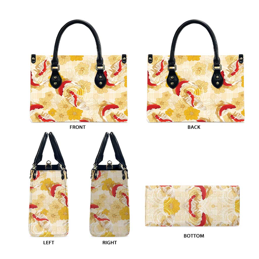 Beige Palaka Hawaii Aloha Leather Bag Koi Pond Mix Ilima Flowers - Polynesian Pride