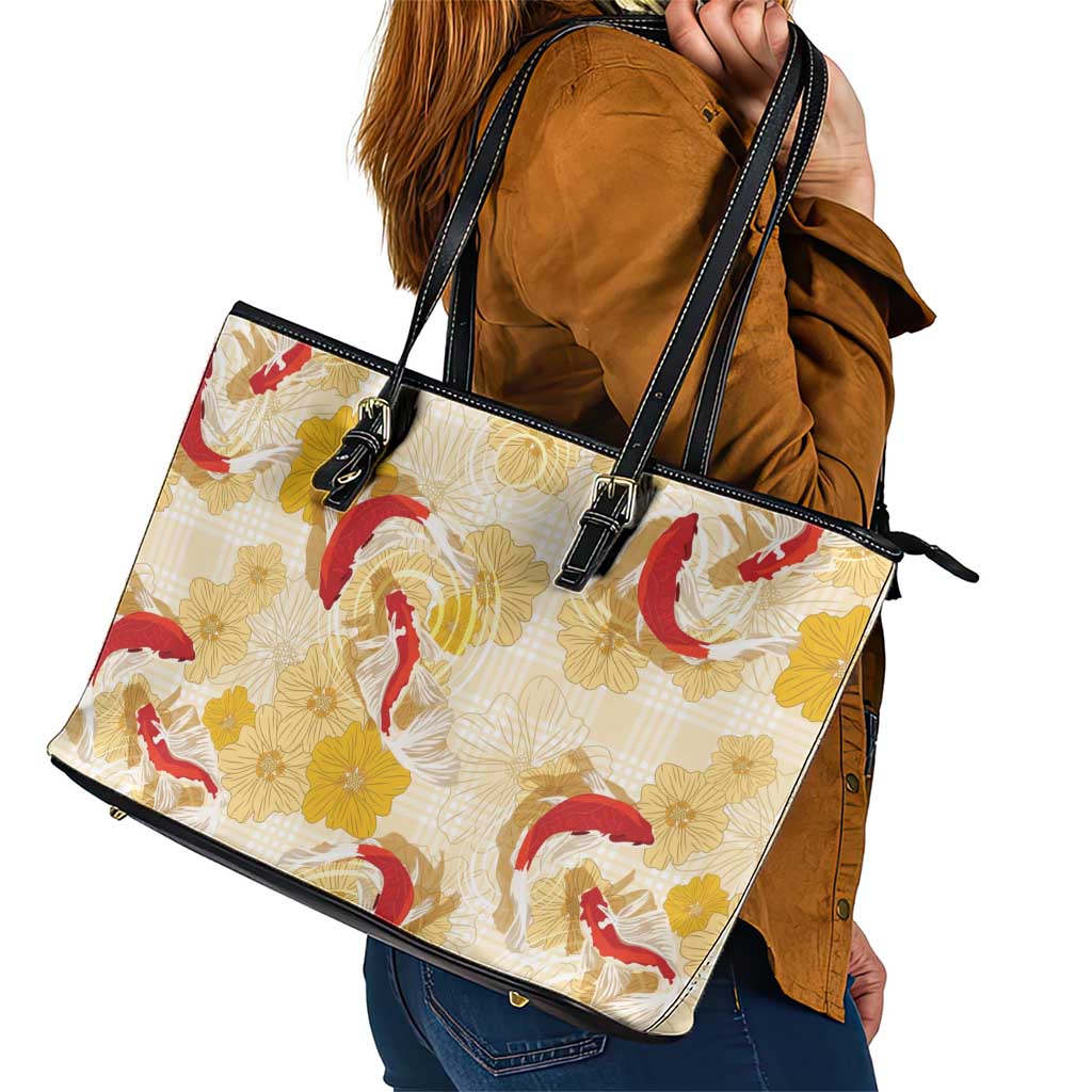 Beige Palaka Hawaii Aloha Leather Tote Bag Koi Pond Mix Ilima Flowers - Polynesian Pride