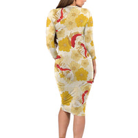 Beige Palaka Hawaii Aloha Long Sleeve Bodycon Dress Koi Pond Mix Ilima Flowers - Polynesian Pride