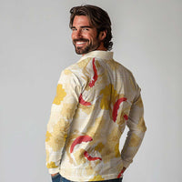 Beige Palaka Hawaii Aloha Long Sleeve Polo Shirt Koi Pond Mix Ilima Flowers - Polynesian Pride