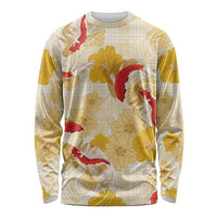 Beige Palaka Hawaii Aloha Long Sleeve Shirt Koi Pond Mix Ilima Flowers LT7 Unisex Cream Yellow - Polynesian Pride