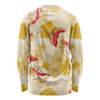 Beige Palaka Hawaii Aloha Long Sleeve Shirt Koi Pond Mix Ilima Flowers LT7 - Polynesian Pride