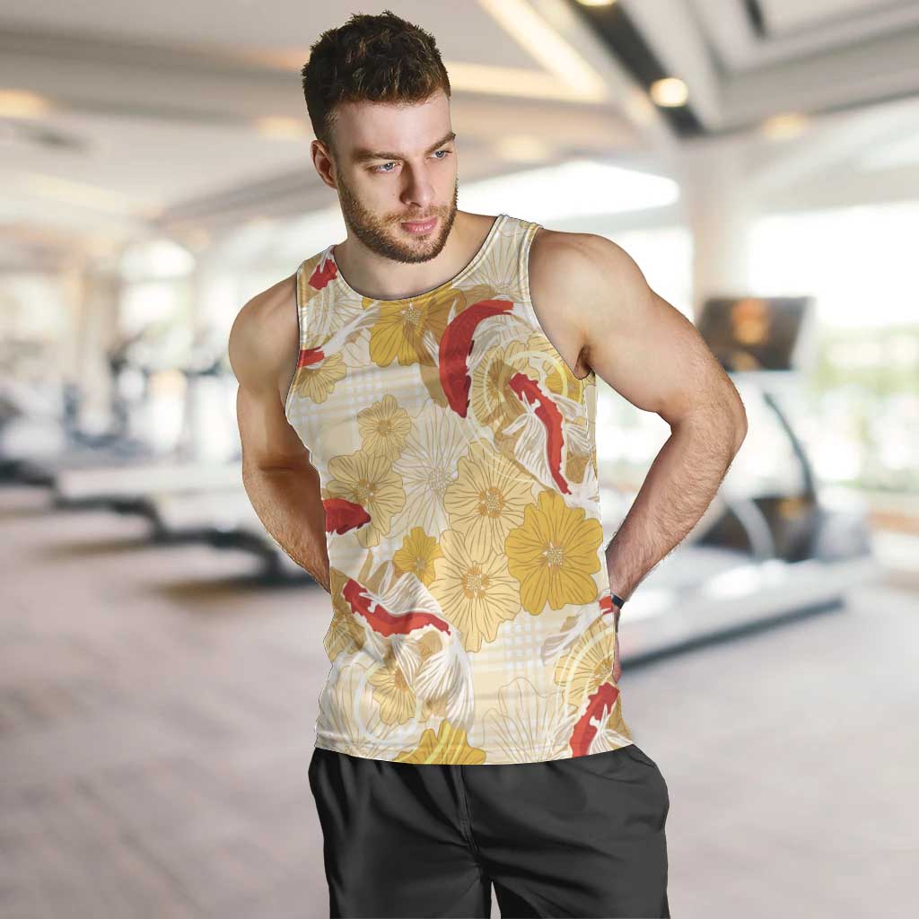Beige Palaka Hawaii Aloha Men Tank Top Koi Pond Mix Ilima Flowers LT7 Cream Yellow - Polynesian Pride