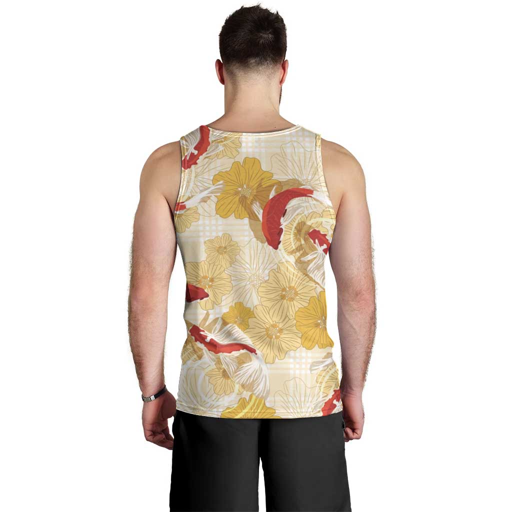Beige Palaka Hawaii Aloha Men Tank Top Koi Pond Mix Ilima Flowers LT7 - Polynesian Pride