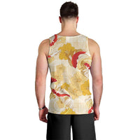 Beige Palaka Hawaii Aloha Men Tank Top Koi Pond Mix Ilima Flowers LT7 - Polynesian Pride