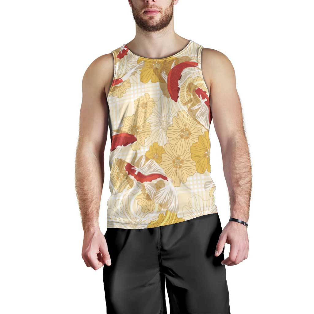 Beige Palaka Hawaii Aloha Men Tank Top Koi Pond Mix Ilima Flowers LT7 - Polynesian Pride