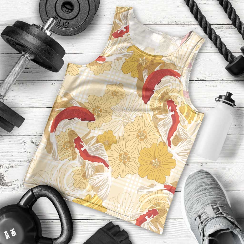 Beige Palaka Hawaii Aloha Men Tank Top Koi Pond Mix Ilima Flowers LT7 - Polynesian Pride