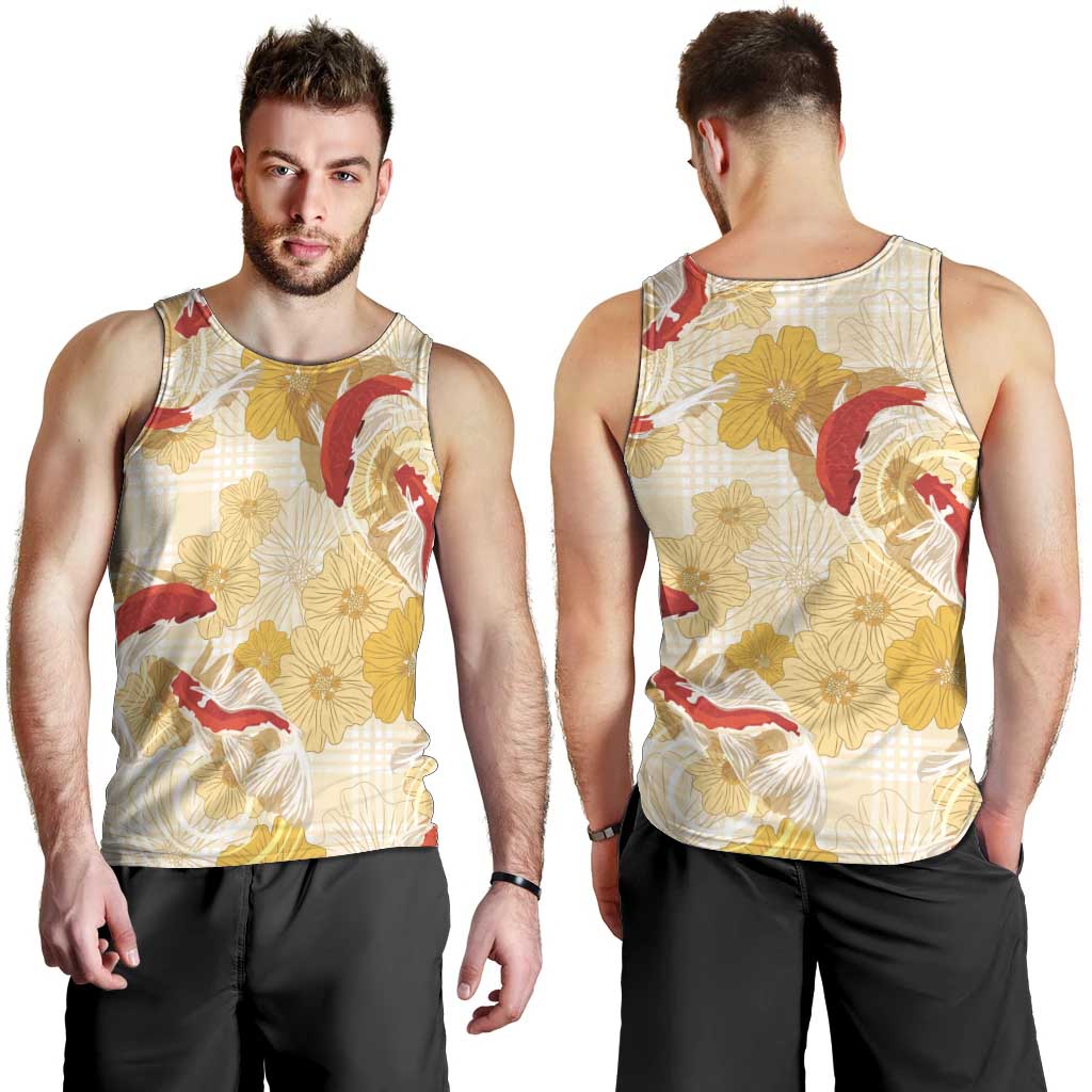 Beige Palaka Hawaii Aloha Men Tank Top Koi Pond Mix Ilima Flowers LT7 - Polynesian Pride