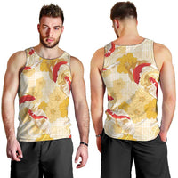 Beige Palaka Hawaii Aloha Men Tank Top Koi Pond Mix Ilima Flowers LT7 - Polynesian Pride