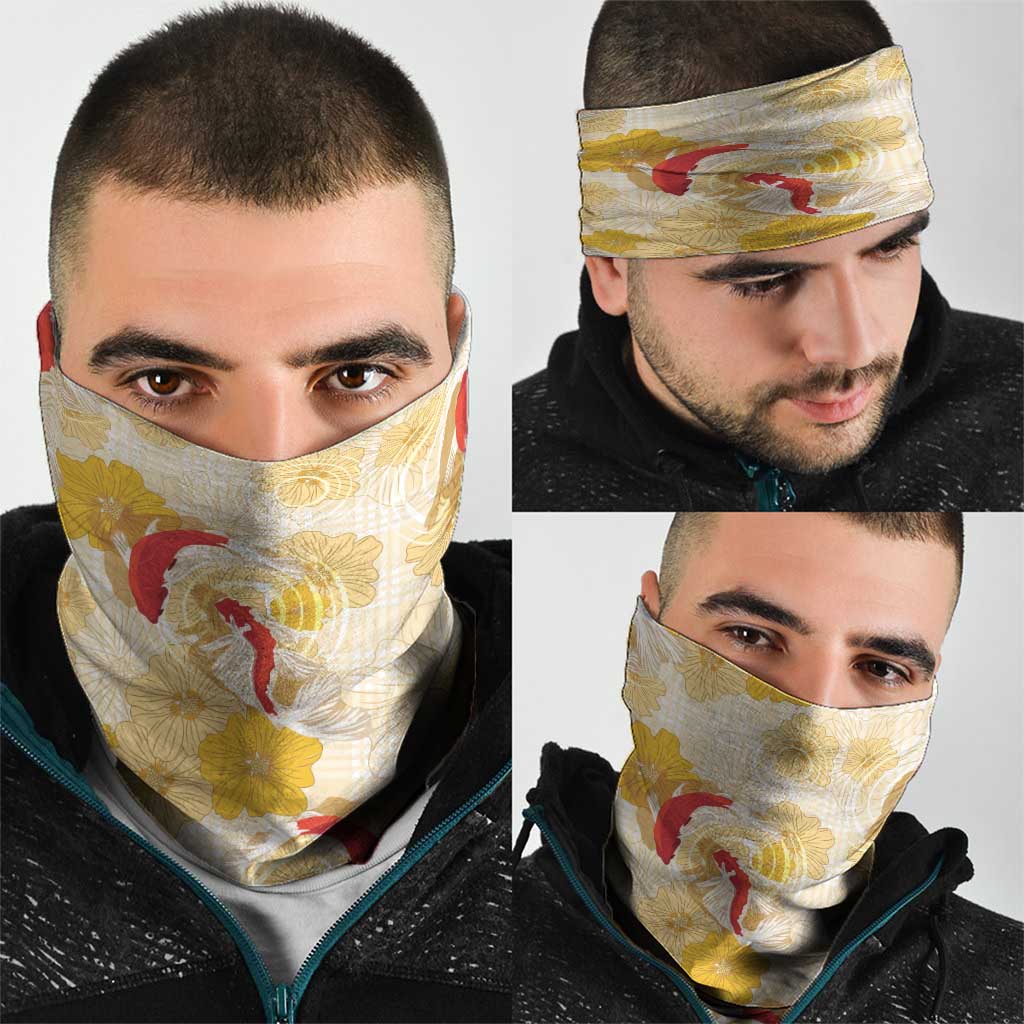 Beige Palaka Hawaii Aloha Neck Gaiter Koi Pond Mix Ilima Flowers - Polynesian Pride