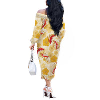 Beige Palaka Hawaii Aloha Off The Shoulder Long Sleeve Dress Koi Pond Mix Ilima Flowers LT7 - Polynesian Pride
