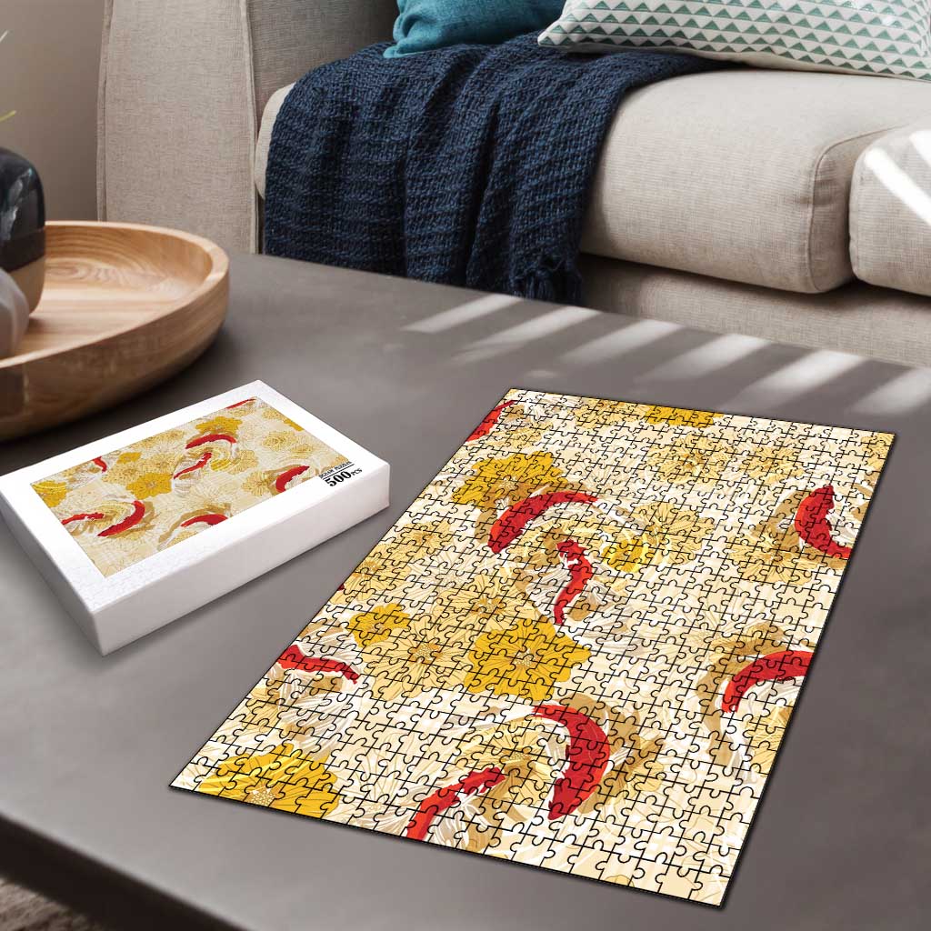 Beige Palaka Hawaii Aloha Puzzle Koi Pond Mix Ilima Flowers - Polynesian Pride