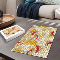 Beige Palaka Hawaii Aloha Puzzle Koi Pond Mix Ilima Flowers - Polynesian Pride
