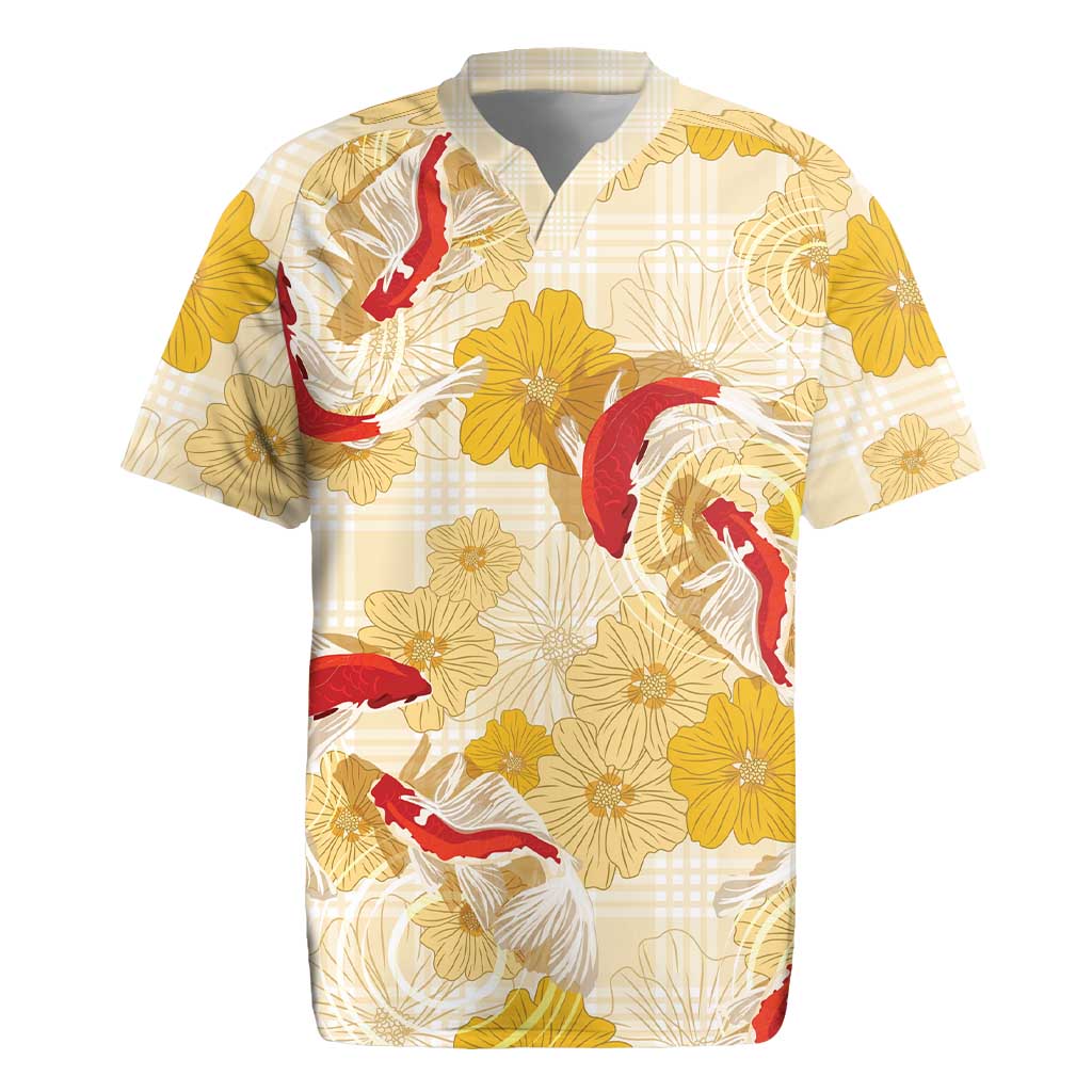 Beige Palaka Hawaii Aloha Rugby Jersey Koi Pond Mix Ilima Flowers - Polynesian Pride