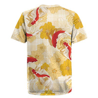 Beige Palaka Hawaii Aloha Rugby Jersey Koi Pond Mix Ilima Flowers - Polynesian Pride
