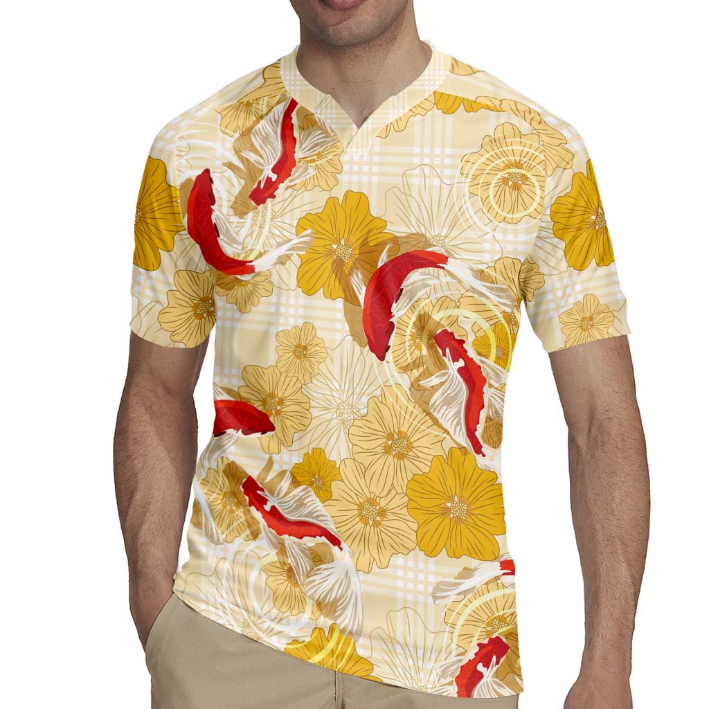 Beige Palaka Hawaii Aloha Rugby Jersey Koi Pond Mix Ilima Flowers - Polynesian Pride