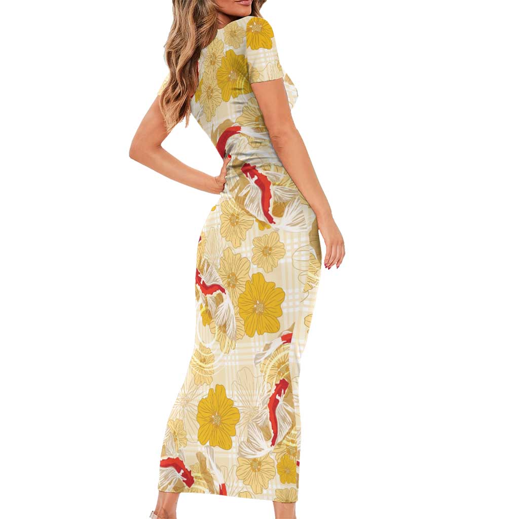 Beige Palaka Hawaii Aloha Short Sleeve Bodycon Dress Koi Pond Mix Ilima Flowers - Polynesian Pride