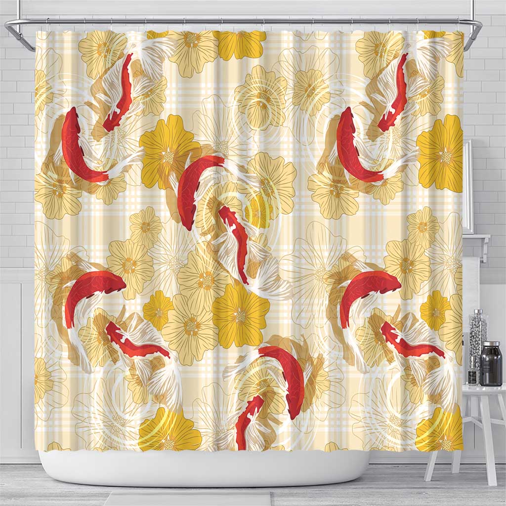 Beige Palaka Hawaii Aloha Shower Curtain Koi Pond Mix Ilima Flowers - Polynesian Pride
