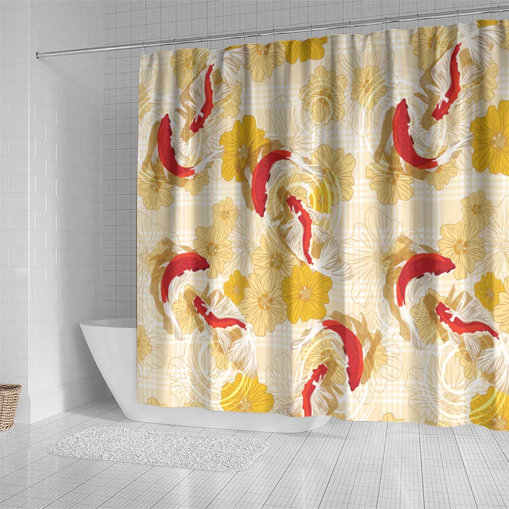 Beige Palaka Hawaii Aloha Shower Curtain Koi Pond Mix Ilima Flowers - Polynesian Pride