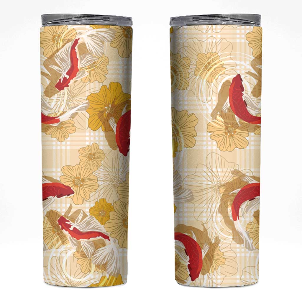 Beige Palaka Hawaii Aloha Skinny Tumbler Koi Pond Mix Ilima Flowers LT7 Cream Yellow - Polynesian Pride