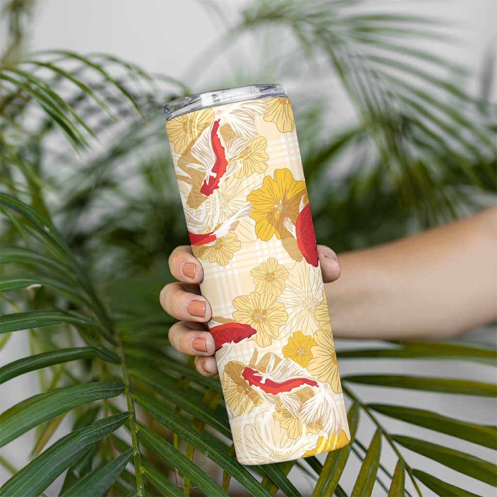 Beige Palaka Hawaii Aloha Skinny Tumbler Koi Pond Mix Ilima Flowers LT7 - Polynesian Pride