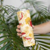 Beige Palaka Hawaii Aloha Skinny Tumbler Koi Pond Mix Ilima Flowers LT7 - Polynesian Pride