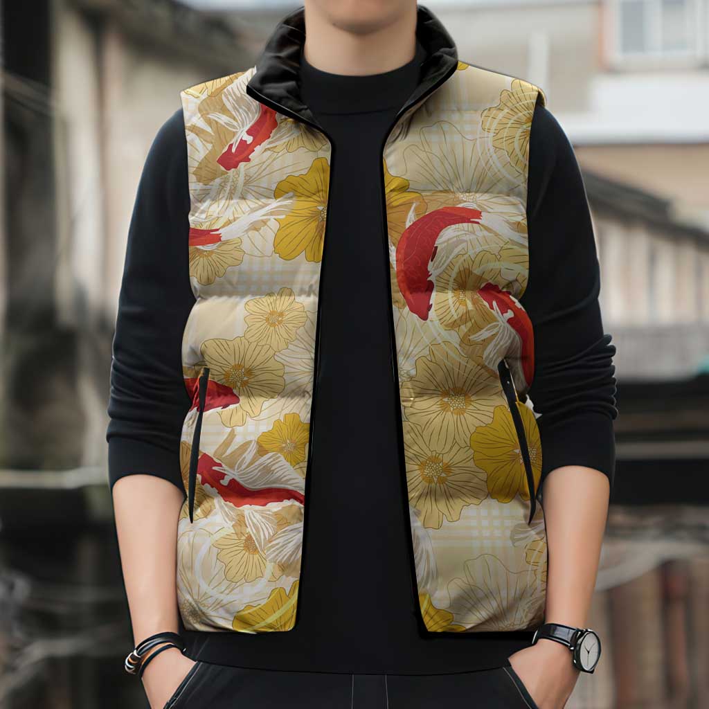 Beige Palaka Hawaii Aloha Sleeveless Puffer Jacket Koi Pond Mix Ilima Flowers - Polynesian Pride
