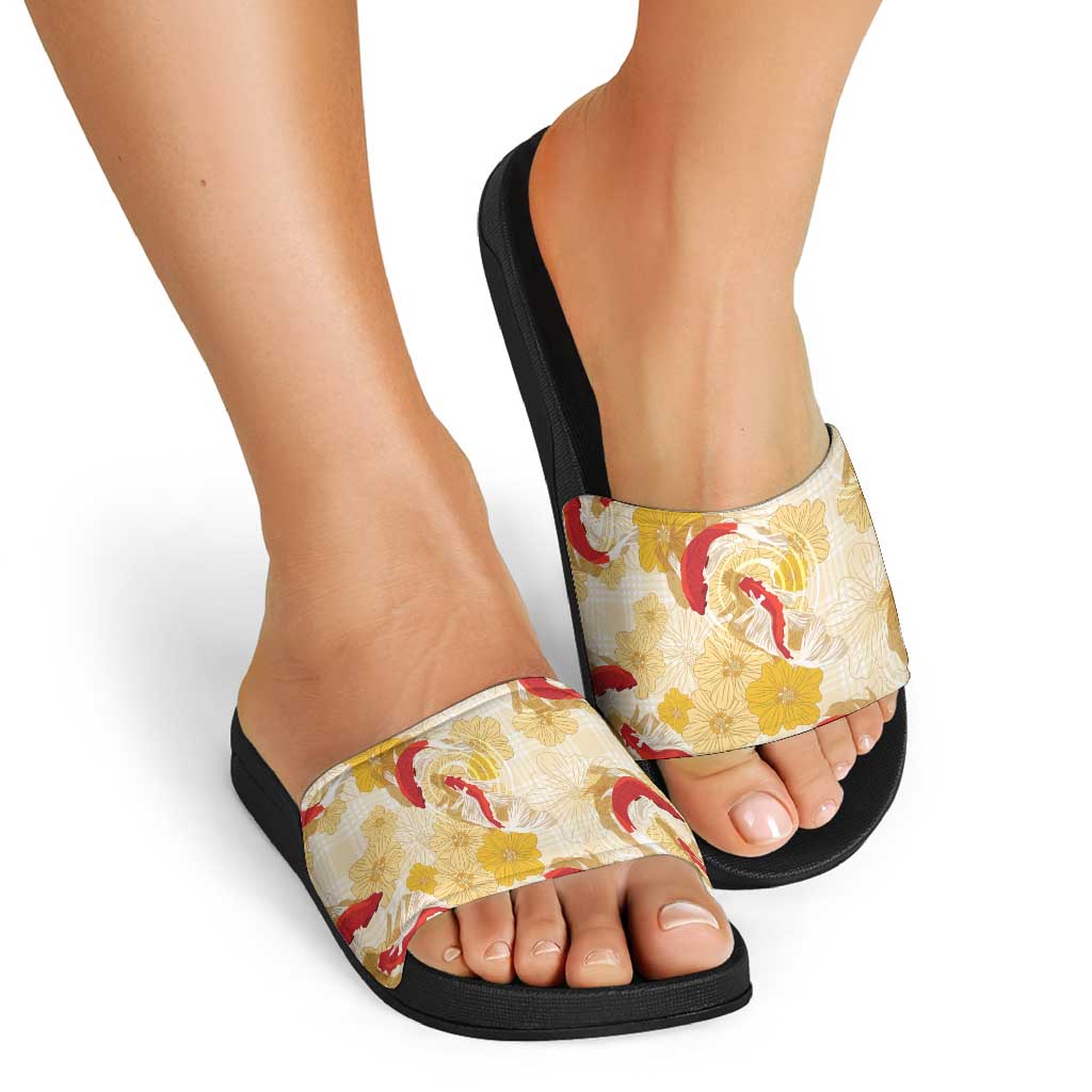 Beige Palaka Hawaii Aloha Slide Sandals Koi Pond Mix Ilima Flowers - Polynesian Pride