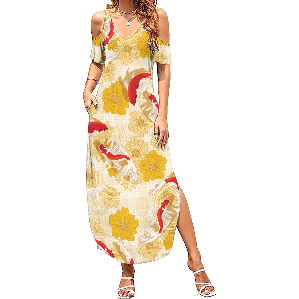 Beige Palaka Hawaii Aloha Summer Maxi Dress Koi Pond Mix Ilima Flowers LT7 Women Cream Yellow - Polynesian Pride