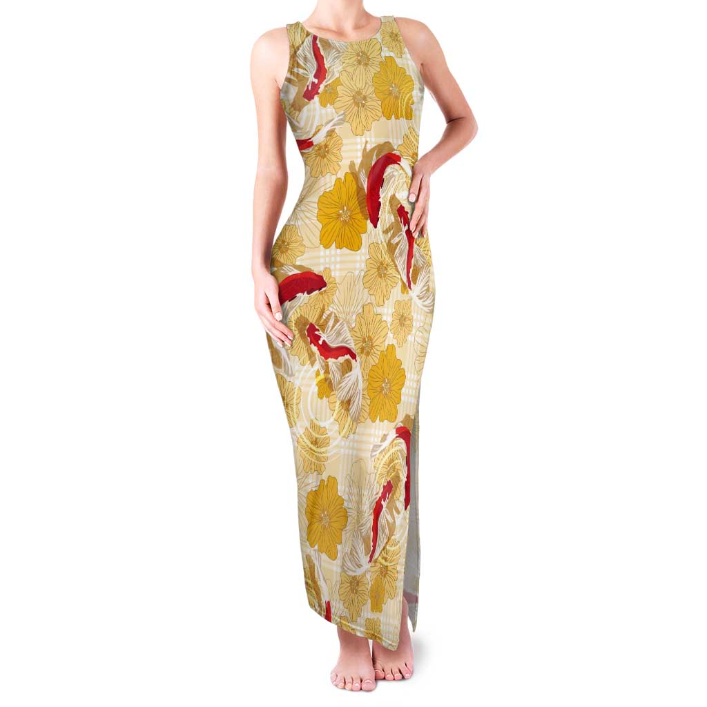 Beige Palaka Hawaii Aloha Tank Maxi Dress Koi Pond Mix Ilima Flowers - Polynesian Pride