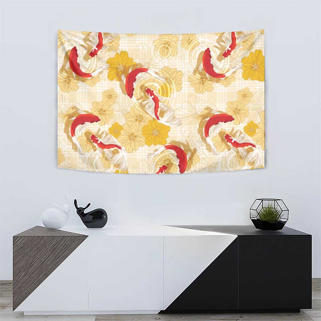 Beige Palaka Hawaii Aloha Tapestry Koi Pond Mix Ilima Flowers - Polynesian Pride