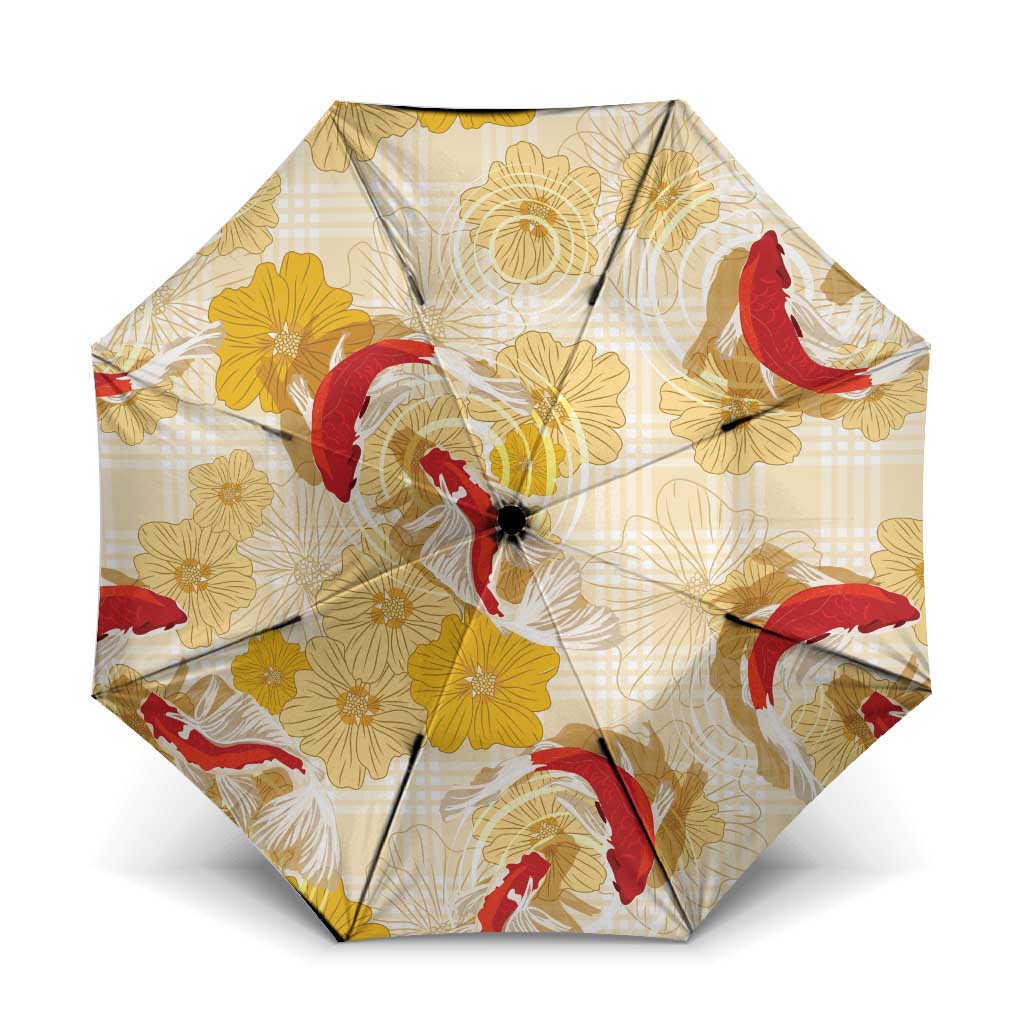 Beige Palaka Hawaii Aloha Umbrella Koi Pond Mix Ilima Flowers LT7 One Size Folded 11.42 inch Opened Diameter 37.4 inch Cream Yellow - Polynesian Pride