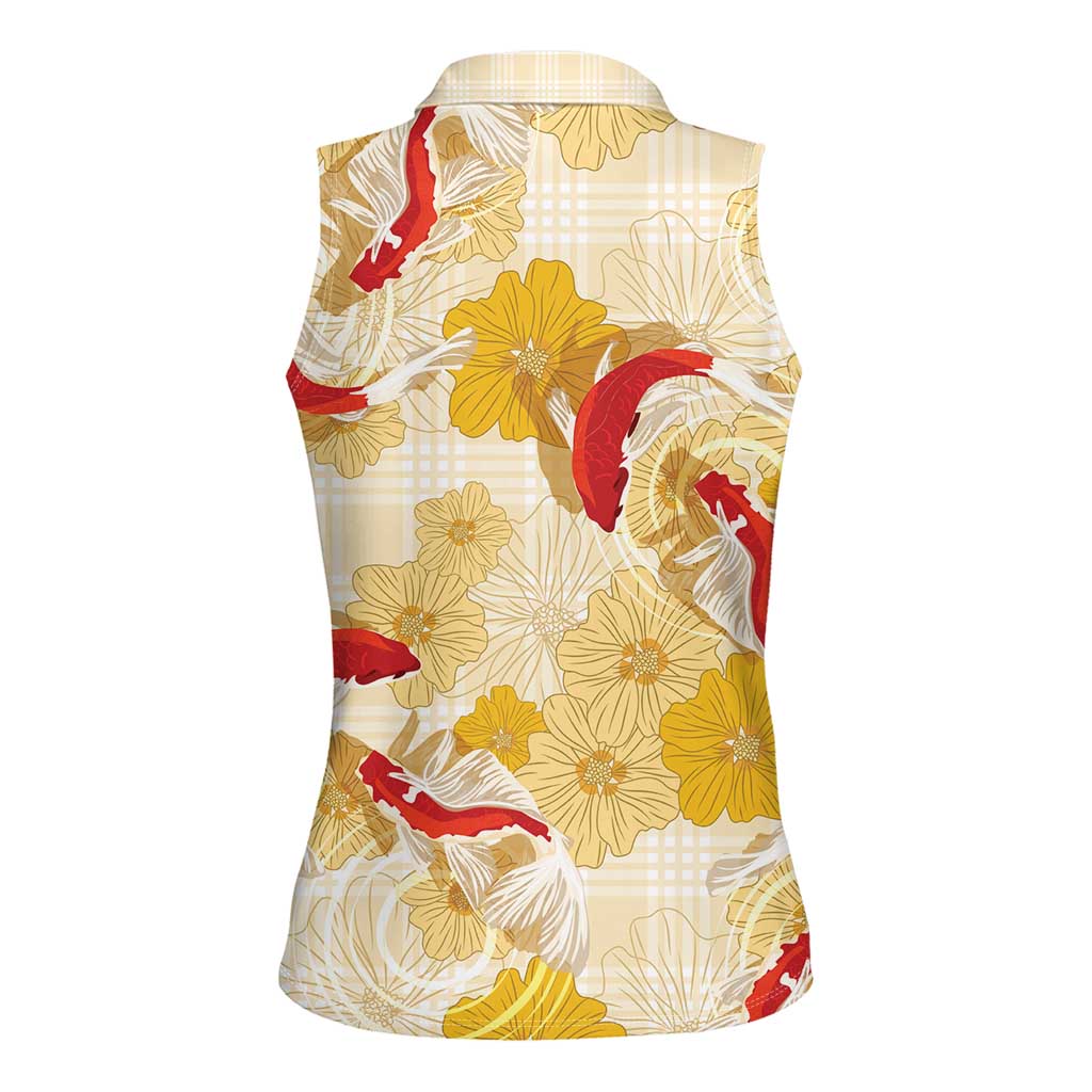 Beige Palaka Hawaii Aloha Women Sleeveless Polo Shirt Koi Pond Mix Ilima Flowers LT7 - Polynesian Pride