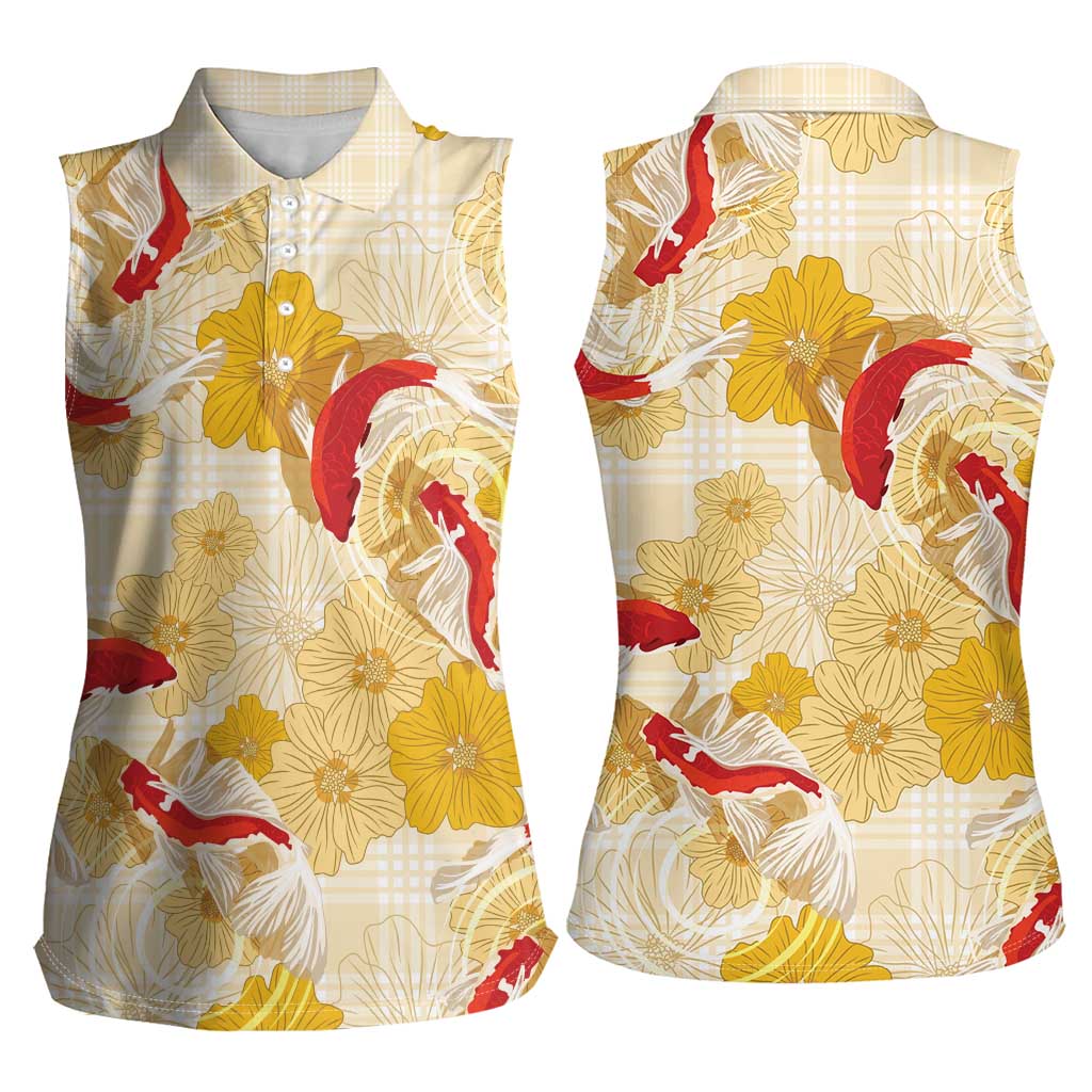 Beige Palaka Hawaii Aloha Women Sleeveless Polo Shirt Koi Pond Mix Ilima Flowers LT7 - Polynesian Pride