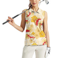 Beige Palaka Hawaii Aloha Women Sleeveless Polo Shirt Koi Pond Mix Ilima Flowers LT7 - Polynesian Pride