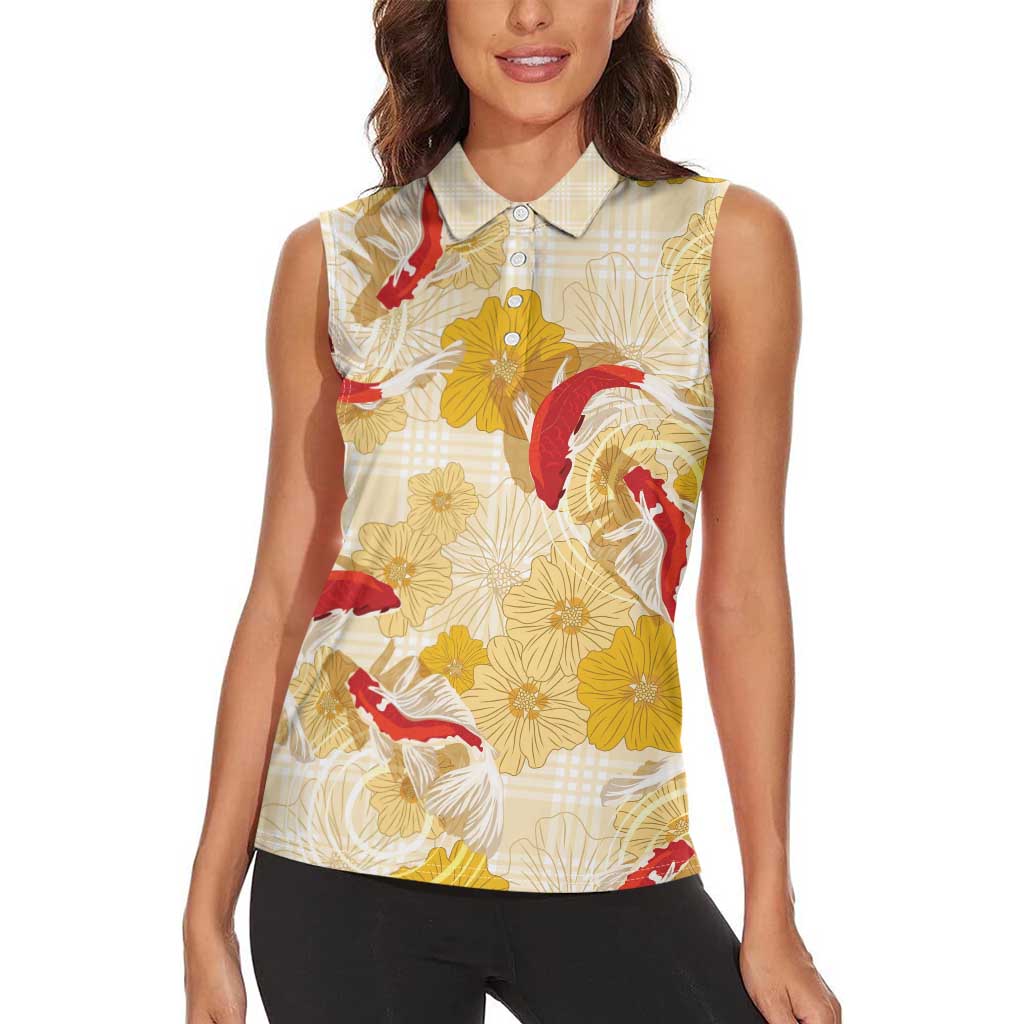 Beige Palaka Hawaii Aloha Women Sleeveless Polo Shirt Koi Pond Mix Ilima Flowers LT7 - Polynesian Pride