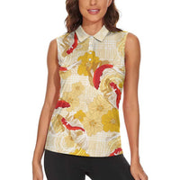 Beige Palaka Hawaii Aloha Women Sleeveless Polo Shirt Koi Pond Mix Ilima Flowers LT7 - Polynesian Pride