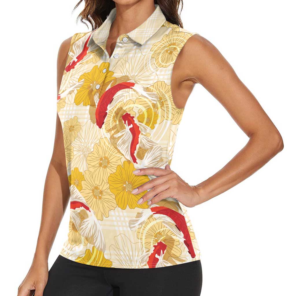 Beige Palaka Hawaii Aloha Women Sleeveless Polo Shirt Koi Pond Mix Ilima Flowers LT7 - Polynesian Pride